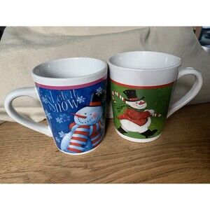 Two (2) Momentum Brands Snowman Happy Holidays Christmas Coffee Mugs EUC